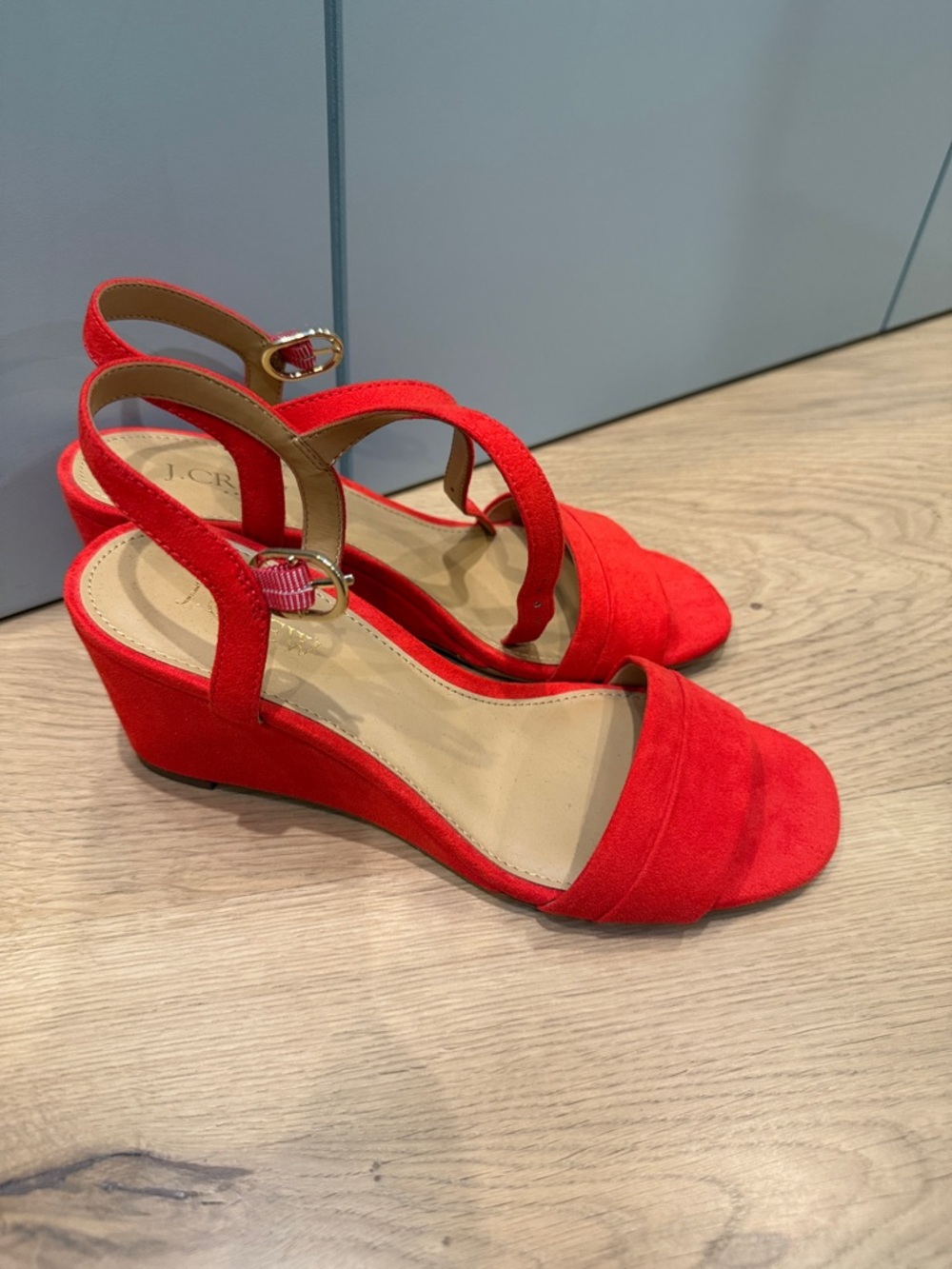 J. Crew vibrant Red Suede Wedge Sandals with Ankle Strap and Buckle